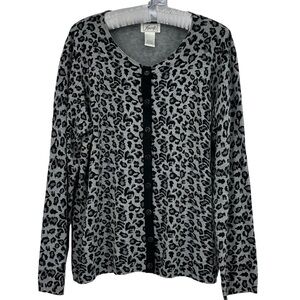 Foxcroft Longline Snow Leopard‎ Print Cardigan Animal Print Sweater Size Large